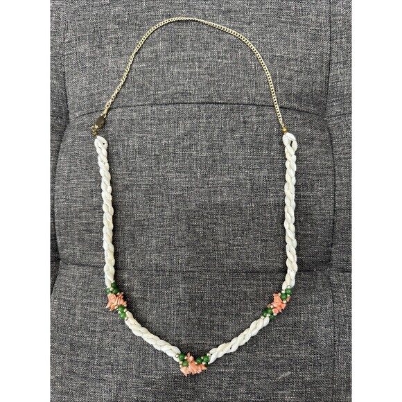 Vintage MOP Shell Necklace Mother of Pearl Coral Jade Twisted Triple Strand 26” - Picture 1 of 5